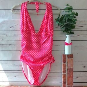 Old Navy One‎ Piece Bathing Suit Women's size Large Halter Top Barbie Polka Dots